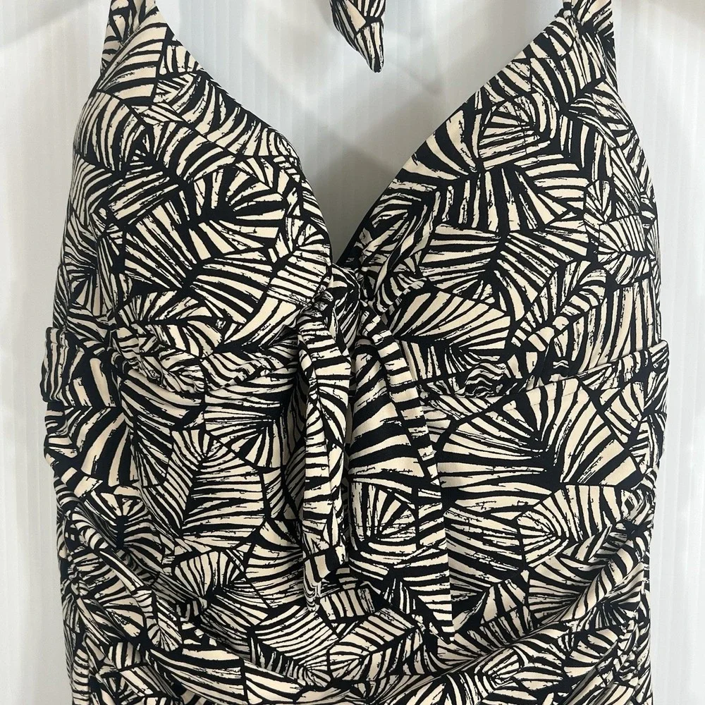 Seafolly Palm Print One‎ Piece Halter Swimsuit 8 Black Tan Tie Back Resort Vacay